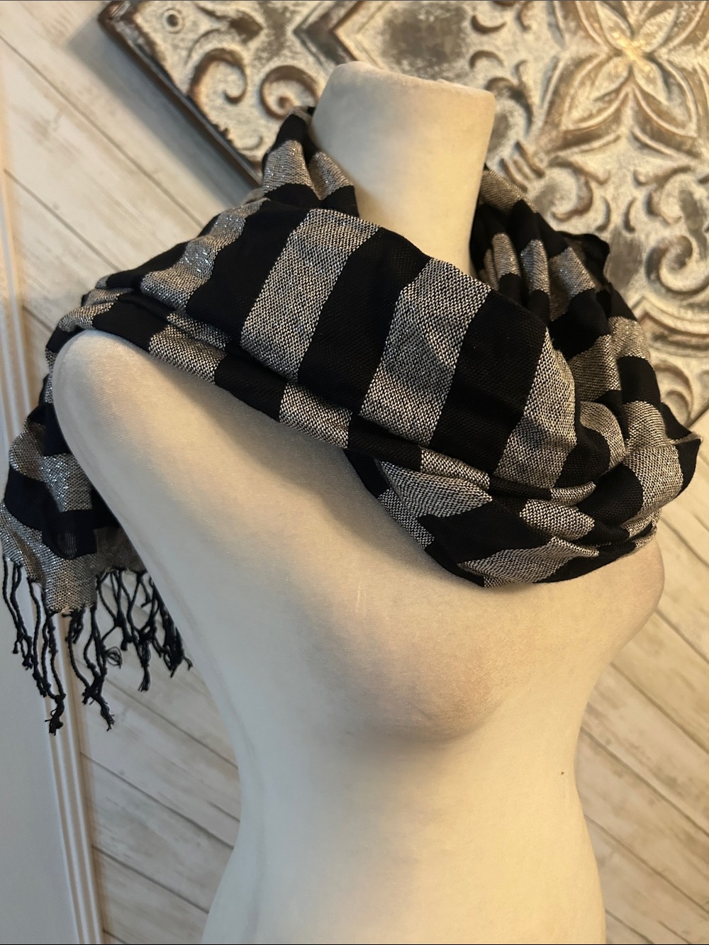 Black and silver striped metallic fringed scarf